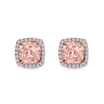 Cushion Cut Stud Earrings Rose Tone, Simulated Morganite CZ 925 Sterling Silver
